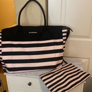 Victorias Secret Weekender Bag- Black & Pink Stripe with makeup bag